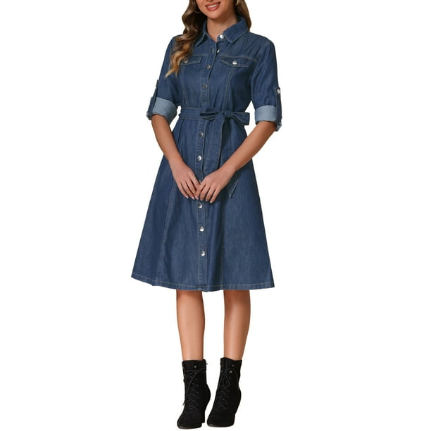 Vestido de mezclilla INSPIRE CHIC para mujer, de manga larga, con botones, corte A, con cinturón, clásico, talla XL, azul oscuro