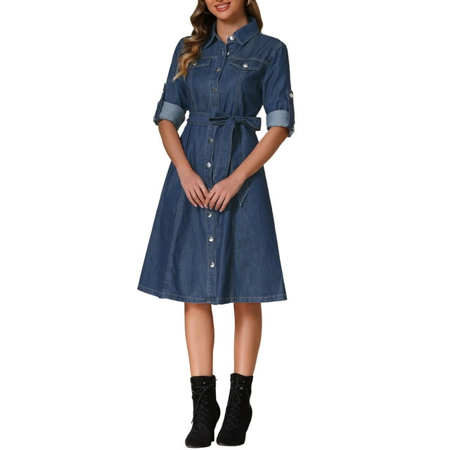 Vestido de mezclilla INSPIRE CHIC para mujer, de manga larga, con botones, corte A, con cinturón, clásico, talla XL, azul oscuro