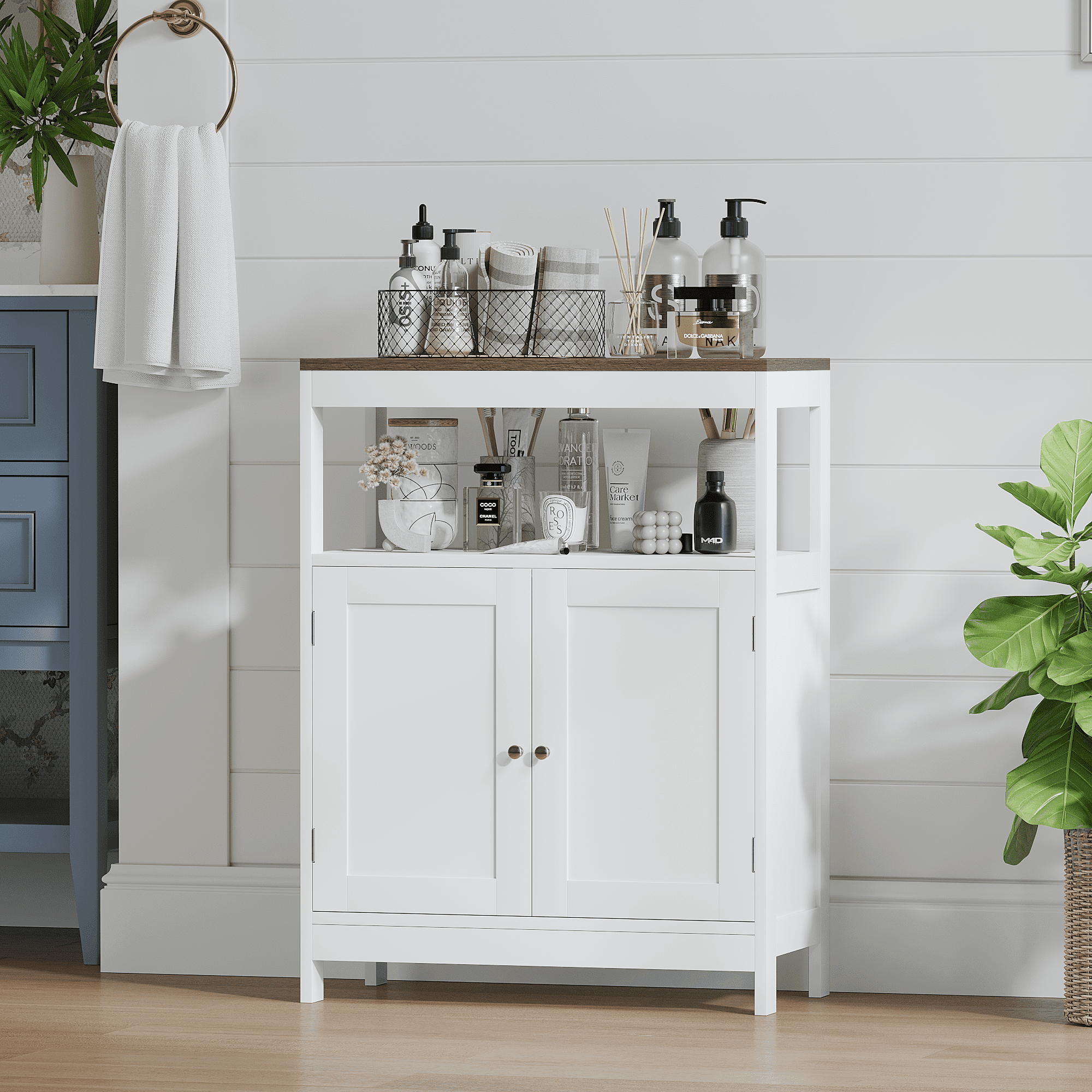 Modern Storage Cabinet with Double Doors, Free-Standing Bathroom Cabinet with Adjustable Shelf and Natural Wood Top, Multi-Purpose Organizer for Kitchen, Living Room, Bathroom or Entryway – White