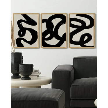 Drsoum Black Abstract Wall Art Ink Wash Minimalist Lines Framed Canvas Painting Artwork 11x14in3pcs Natural Framed
