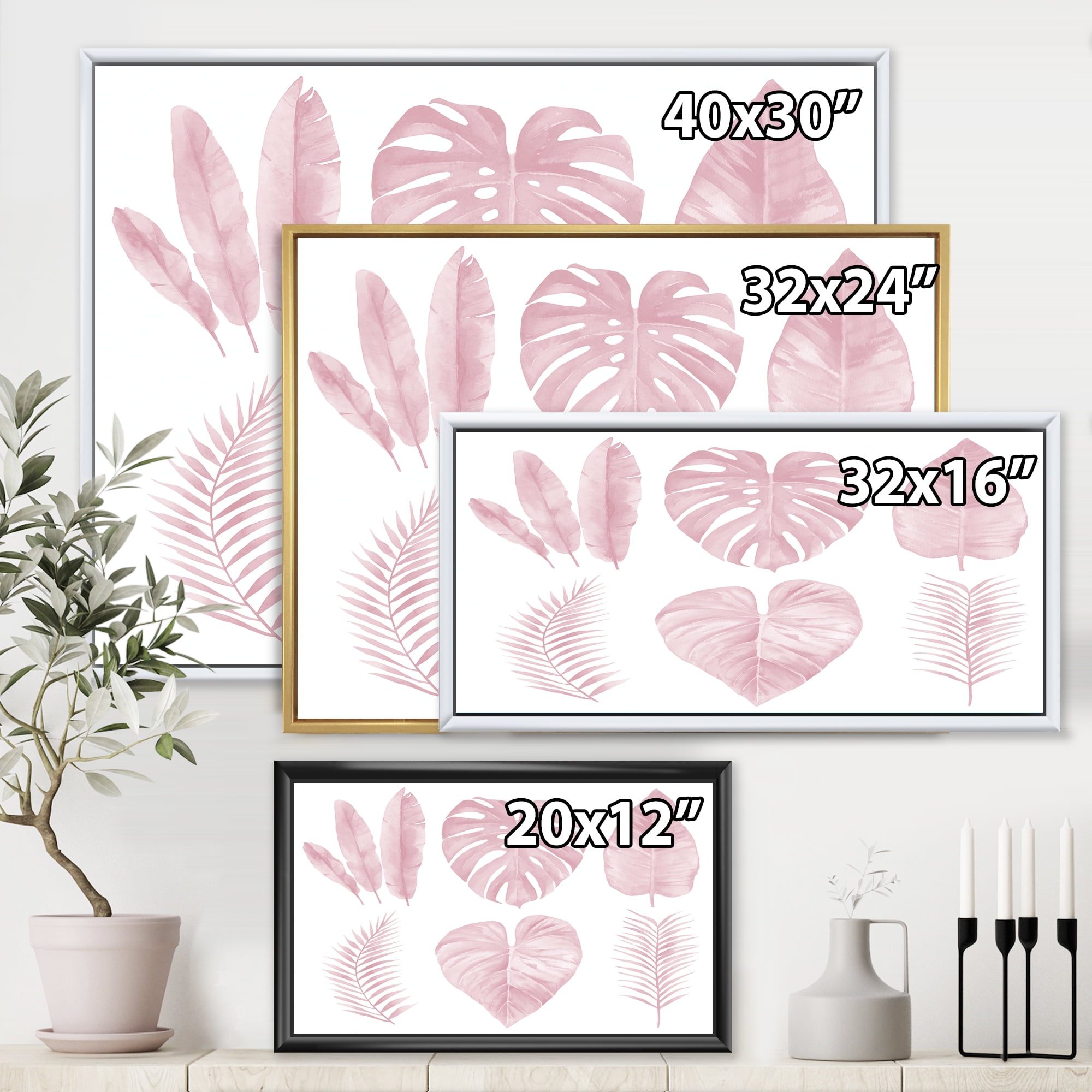 Designart 'Tropical Pink Watercolour Leaves On White I' Shabby Chic Framed Canvas Wall Art Print