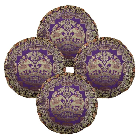 Stylo Culture Ethnic Brocade Home Decor Throw Pillow Sham Covers Purple 17x17 Traditional Jacquard Weave Pleated Border Sofa Cushion Covers 43 x 43 cm Satin Elephant Round Pillow Cases | Set Of 4