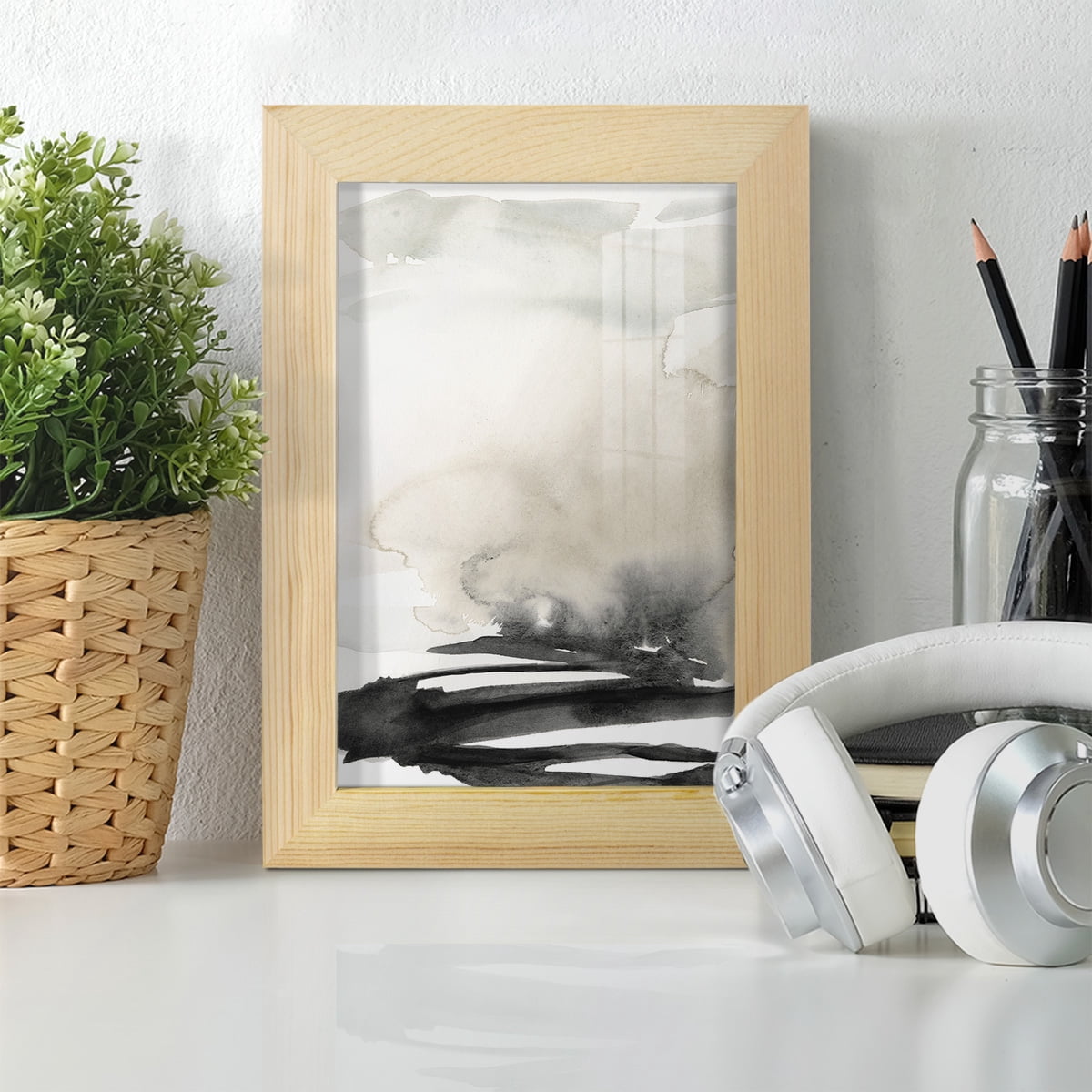 Ebony Horizon Triptych I - Framed Print w/glass - Natural Wood