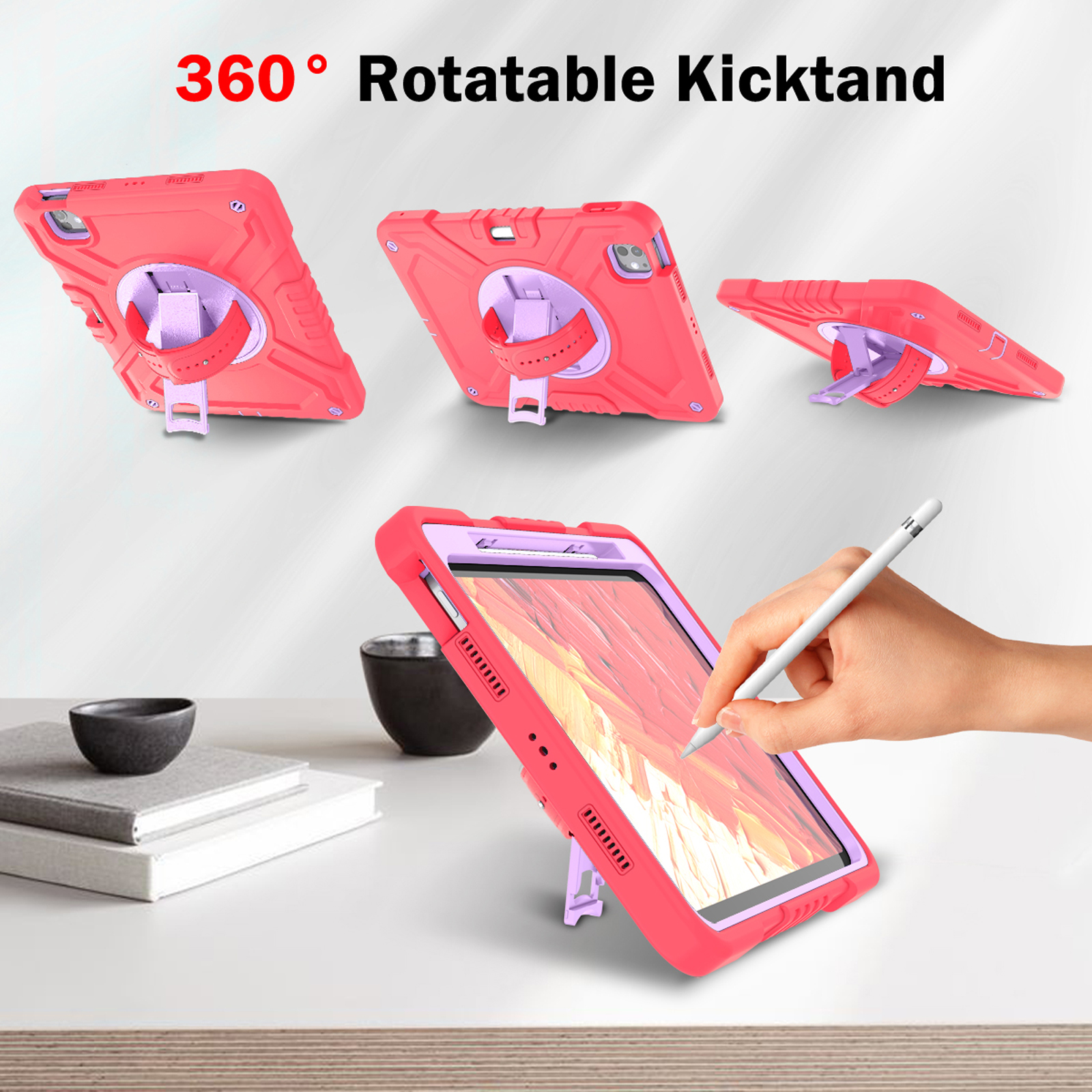 Military Grade Case for Apple iPad Pro 11 2024,Shoulder Strap Shockproof iPad Case with Pencil Holder 360 Rotating Hand Strap+Kicstand Rugged Siicone and Hard PC Case,Redpurple