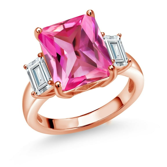Gem Stone King 18K Rose Gold Plated Silver 3-Stone Ring Octagon Pink Created Sapphire and Moissanite (7.74 Cttw, Size 5)