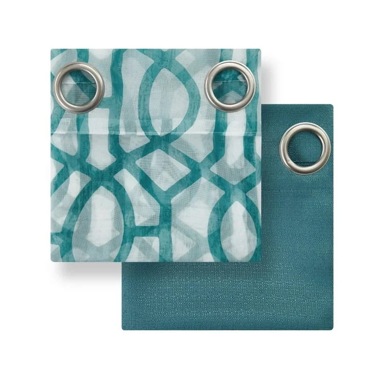 Mainstays Kingswood Solid and Printed Sheer Grommet Set, Pacifica Green, 27.5" W x 63" L, Ideal for Living Room or Bedroom