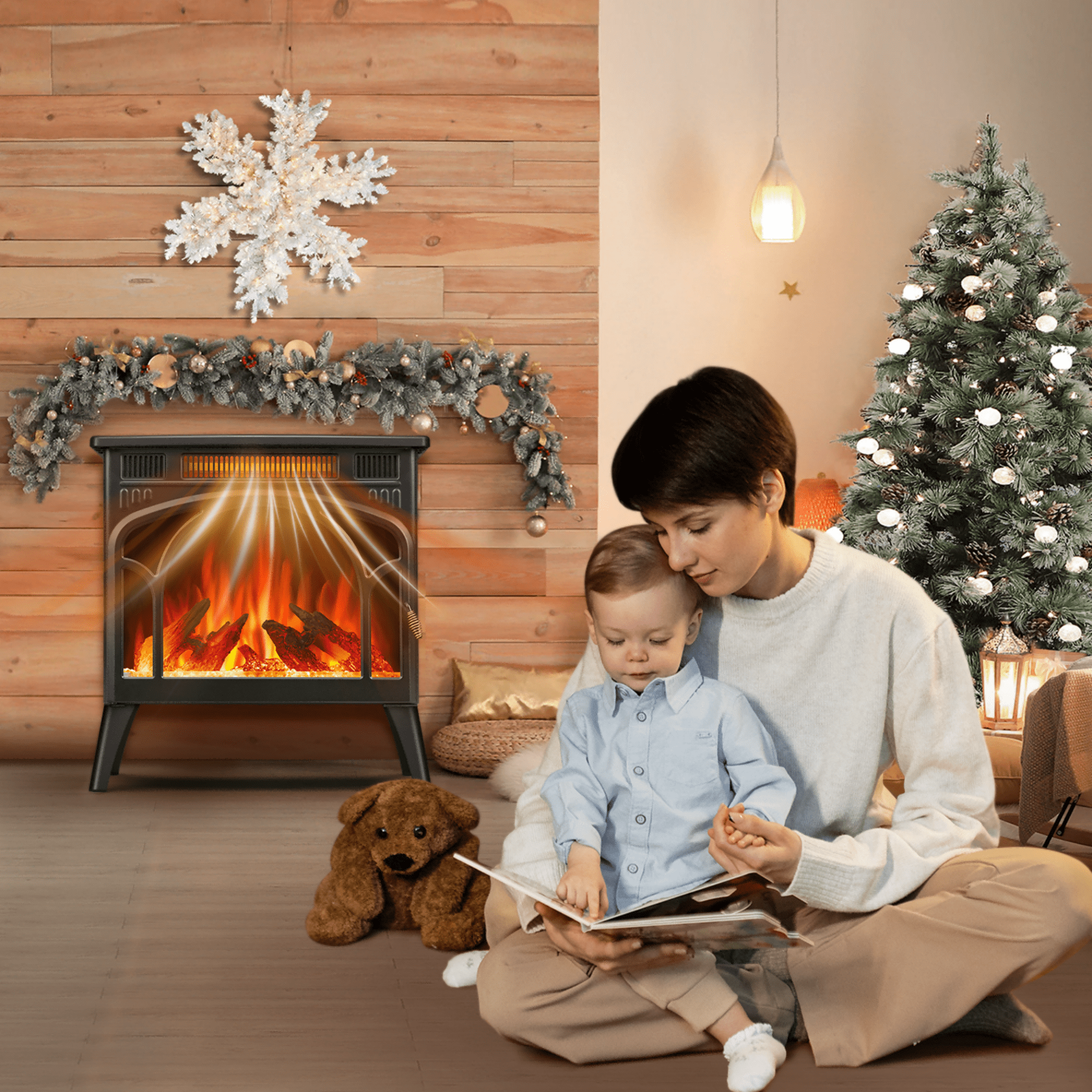 Moifoi 24Inch Electric Fireplace Stove , 1500 W Freestanding Portable Indoor Electric Stove Heater w/ 3 D Flame Effect, Black