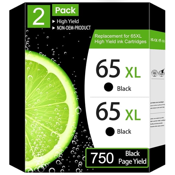 65XL Black Ink Cartridges Compatible for HP 65 65XL Black Ink Cartridge for Envy 5055 5052 5058 Deskjet 3755 3772 3722 3770 (2 Black)