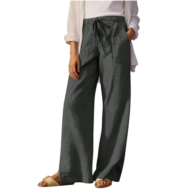 Pantalones de Cintura Elástica para las Mujeres Pantalones Casuales de Lino de Color Sólido con Bolsillos, Pantalones de Piernas Anchas de Verano Transpirables para la Playa Y el Uso Diario