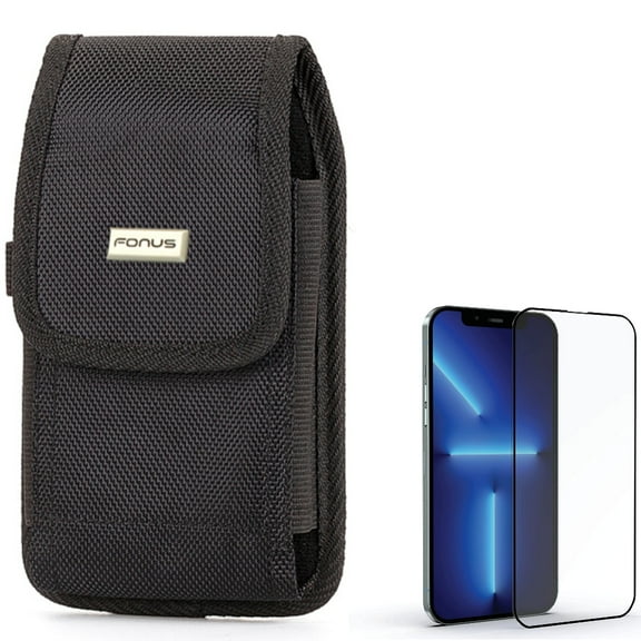 Case Belt Clip & Screen Protector for iPhone 13 Pro Max - Combo with Rugged Holster Canvas Cover & Anti-Glare Tempered Glass Matte 3D