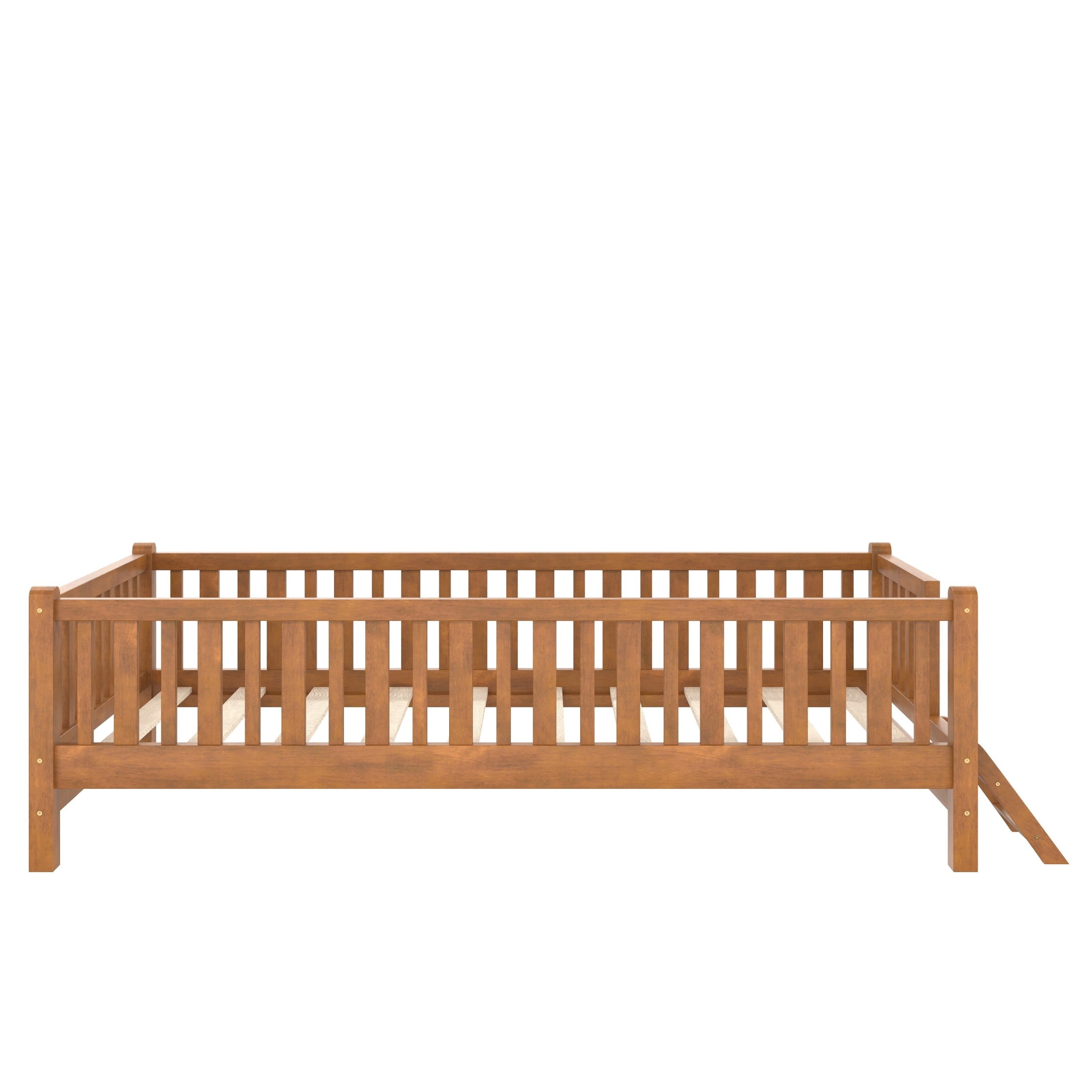 Noble House Prado Twin Size Wood Platform Bed with Full Guardrail, Safe Low Profile Bed Frame for Kids, Walnut