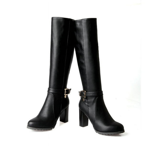 Botas de invierno para mujer, botas de caballero de tacón grueso, botas altas de tacón alto impermeables con plataforma y punta redonda, botas altas para estudiantes adelgazantes para mujer