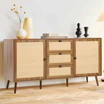 LUCKYELF Rattan Sideboard Buffets Cabinet, Boho Buffet Sideboard with 3 Drawers and 2 Doors, Kitchen Console Table Storage Cabinet for Living Room, Hallway, Walnut Color