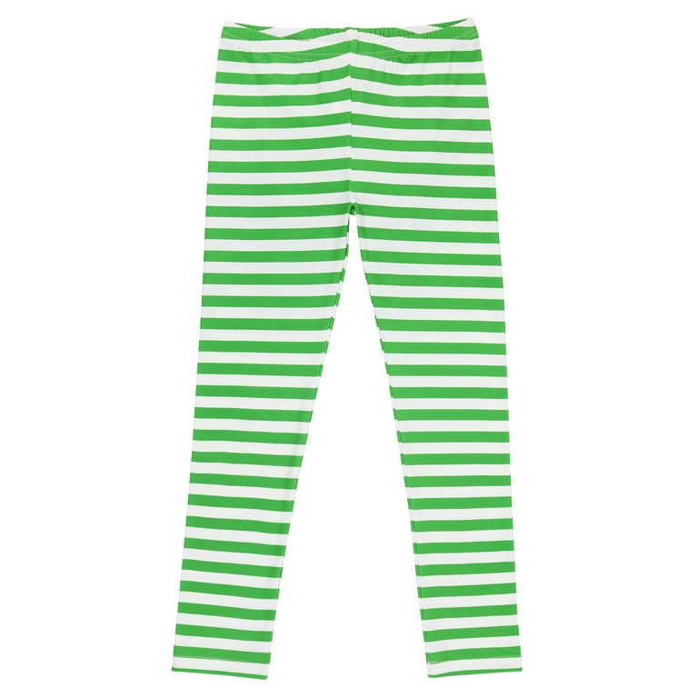 HDE Girl's Leggings Holiday Stretchy Full Ankle Length Striped Tights Green  and White Stripes XL