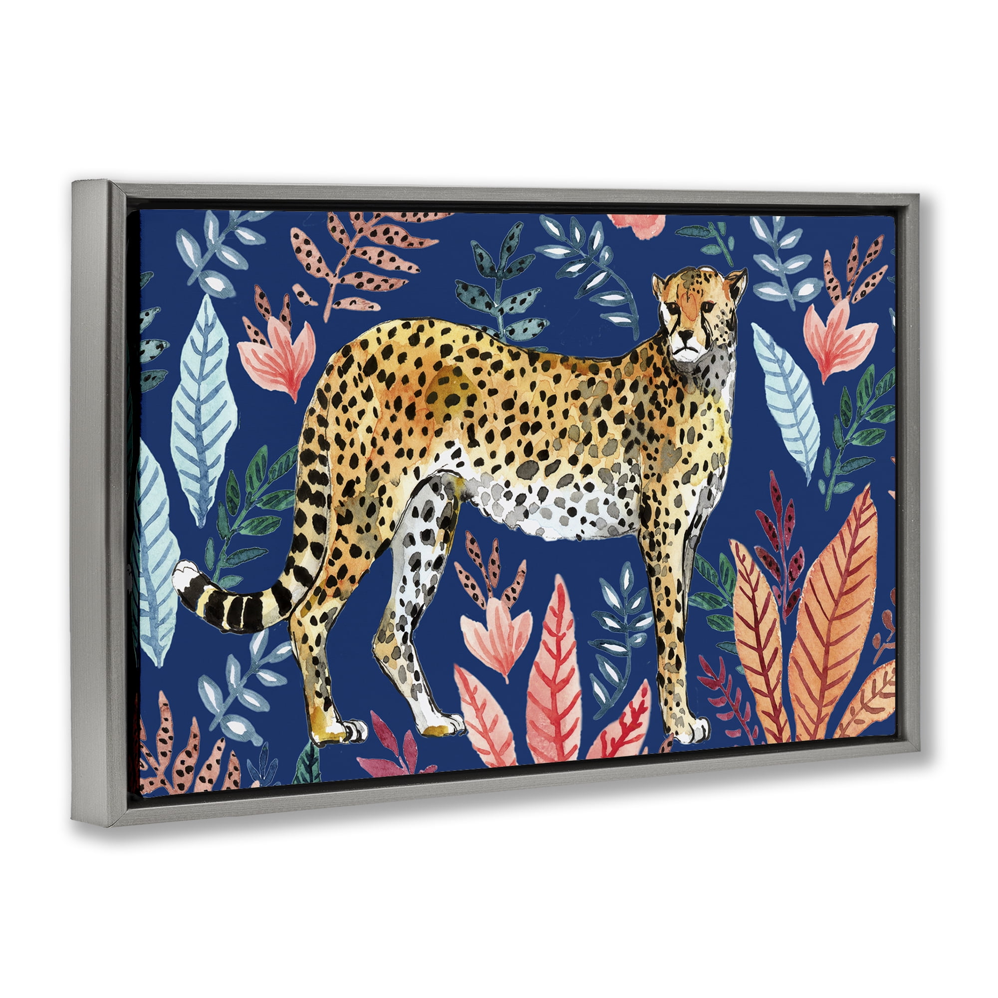 Stupell Industries Jungle Plants & Cheetah Animals Painting Gray Floater Framed Canvas Art Print Wall Art, 25 x 17
