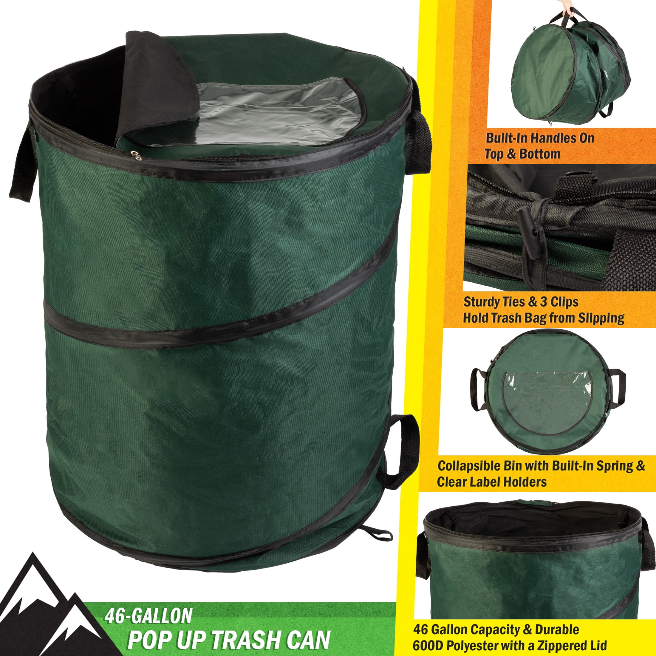 Wakeman Outdoors 46-Gallon Pop Up Outdoor Trash Can for Camping, Green