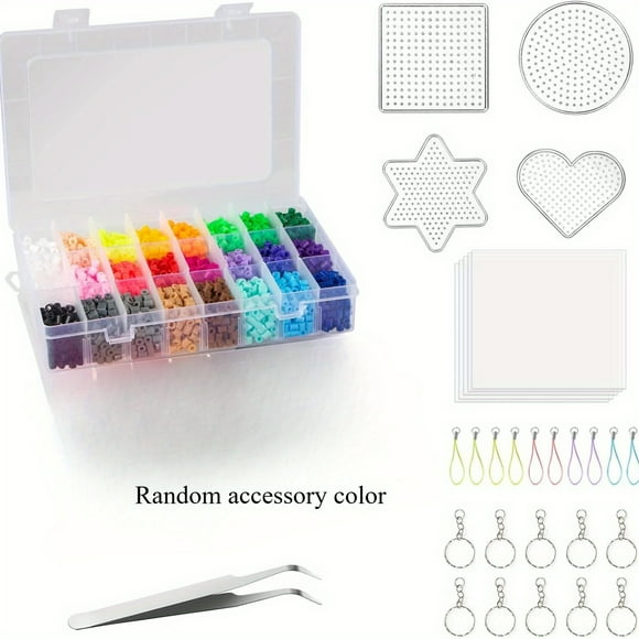 LEEYNEER [24 Couleurs Perles Hama] Kit de Perles Hama 24 Couleurs / Kit d'Artisanat 5 mm avec 4 Plaques à Picots Papier à Repasser et Accessoires Aléatoires