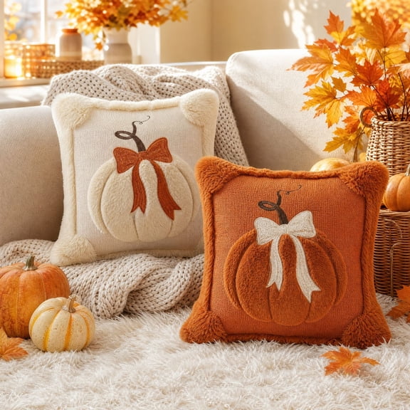 Fall Decorations Bow-Knot Pumpkin Pillow Cover, 18x18 Inch Knit Throw Cushion Case for Sofa & Bed, Autumn Harvest Accent (Insert Not Included) Beige