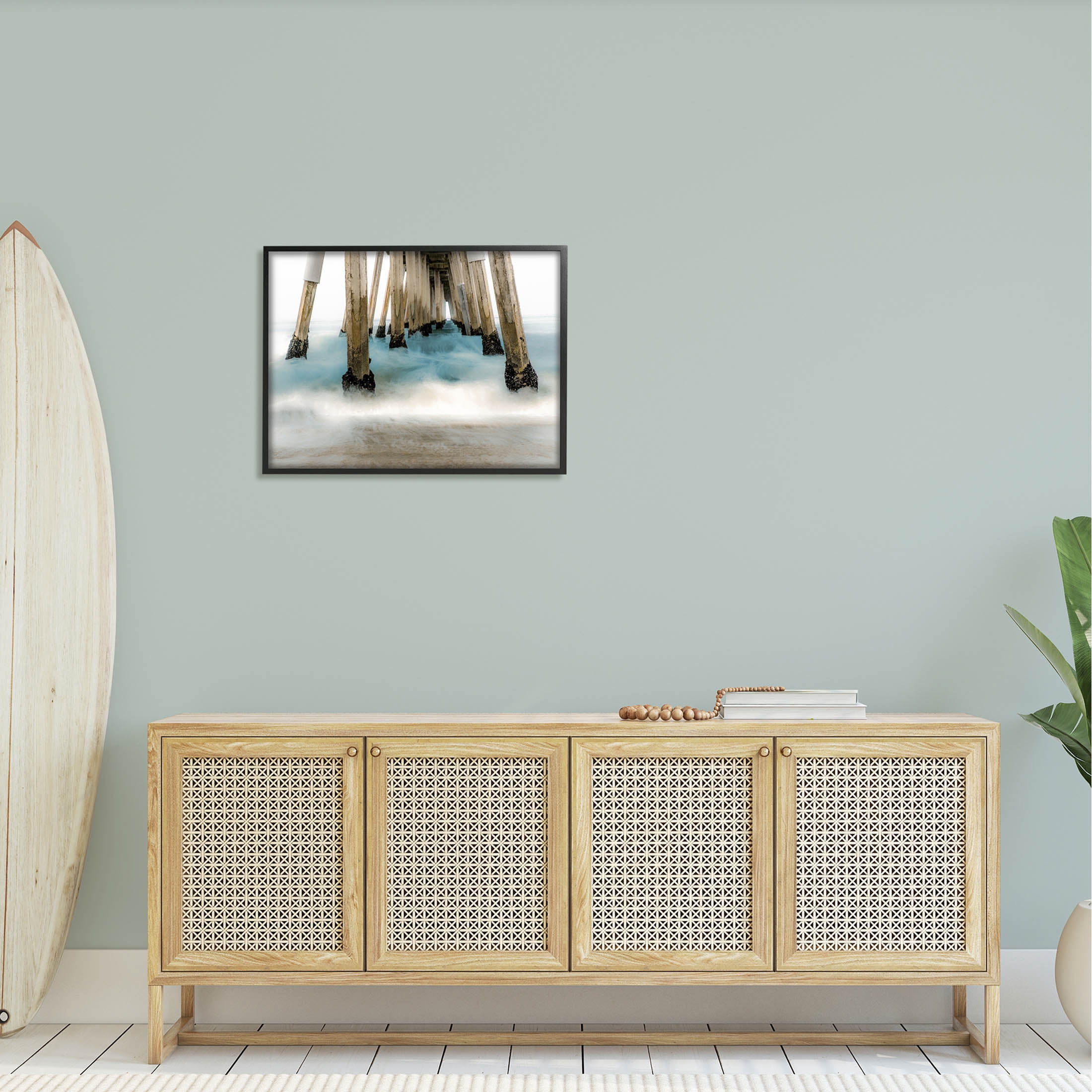 Waterfront Pier Splashing Sea Waves Coastal Graphic Art Black Framed Art Print Wall Art