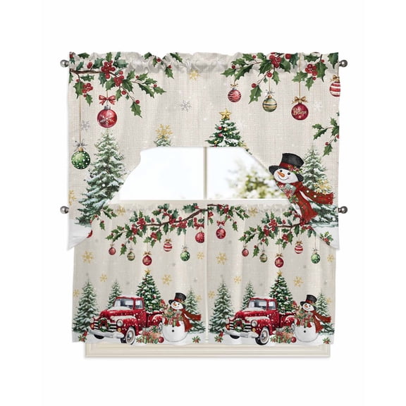 Christmas Kitchen Curtains Swag Valance and Tier Curtains Set 24 Inch Length, Xmas Snowman Truck Snowflake Tree Balls Rustic Rod Pocket Drape Panels Pair Swag Curtains for Bathroom/Cafe/Window