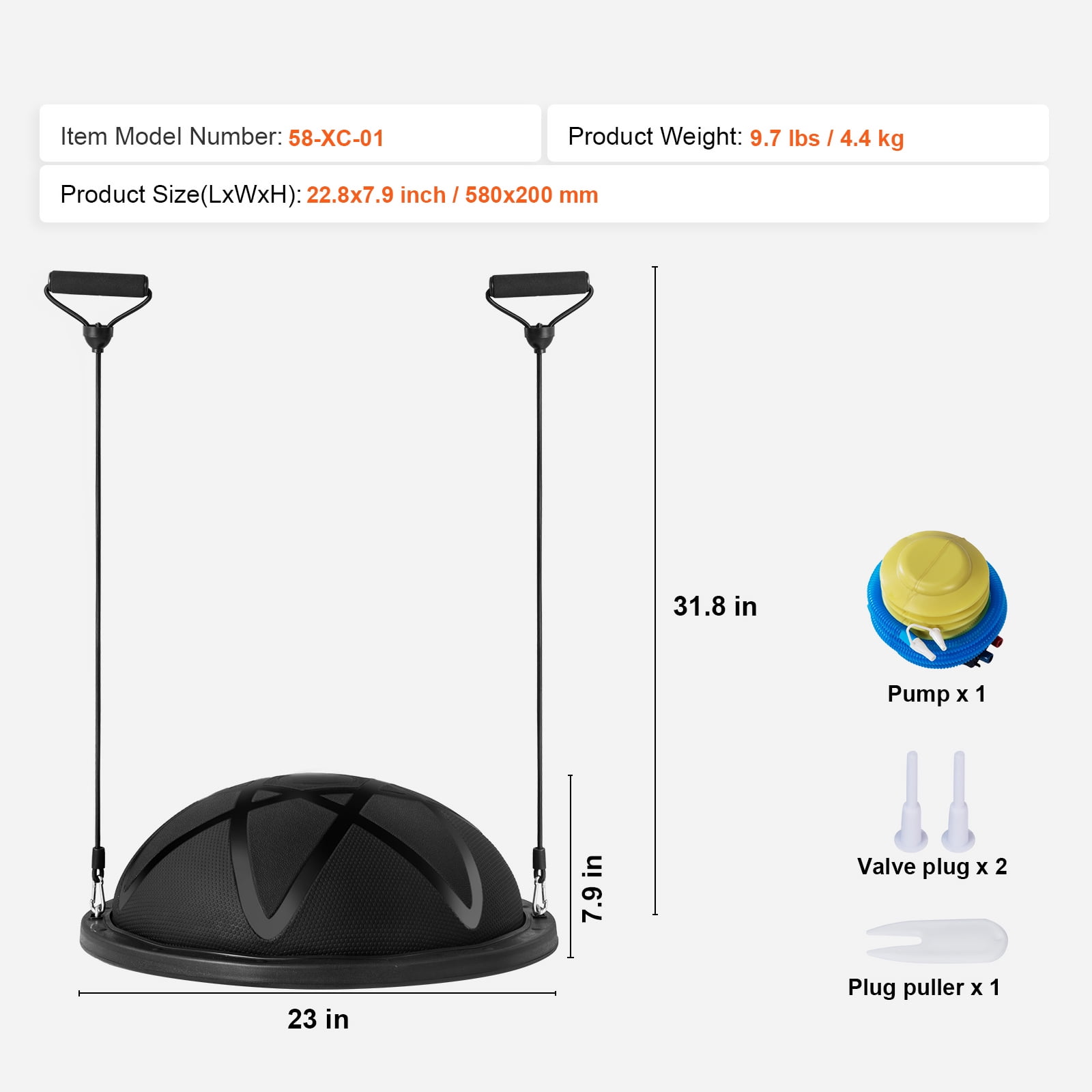 KFFKFF Semi Workout Sphere, 23-inch Equilibrium Sphere, 660 lbs Load-Bearing Fitness Orb, Yoga Sphere with Resistance Straps and Inflator, Robust Fitness Sphere for Domestic Gym