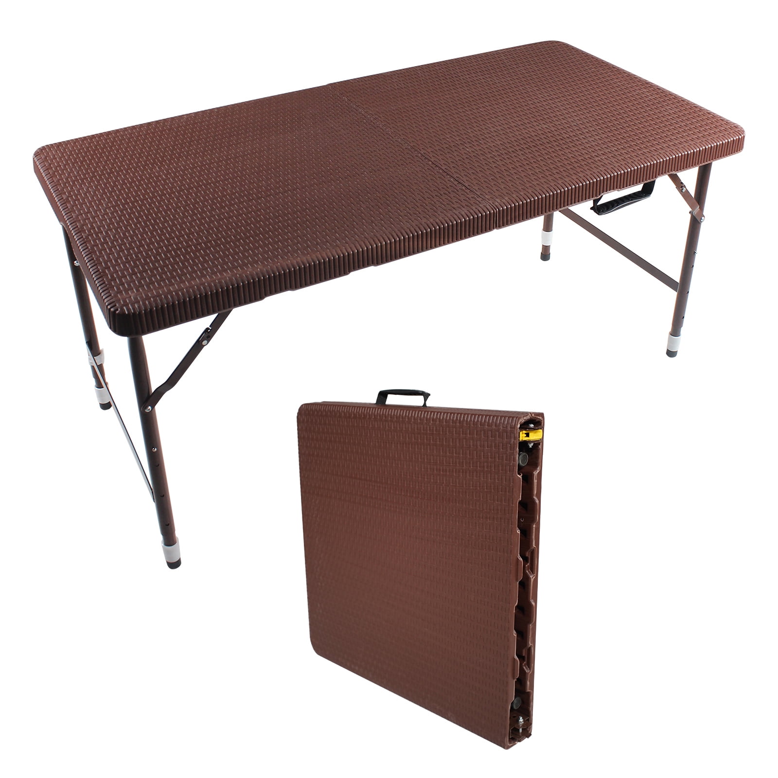Hommoo 4FT Rattan Folding Table, Plastic Adjustable Portable Foldable Table, Camping Table for Indoor& Outdoor, Brown