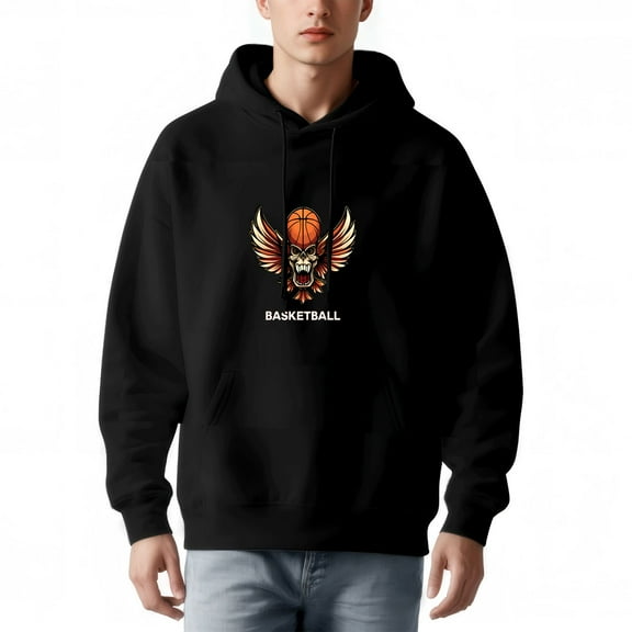 Men's Black Hoodie with Winged Basketball Graphic & ' BASKETBALL ' Print - Long Sleeve Pullover Sweatshirt with Pockets