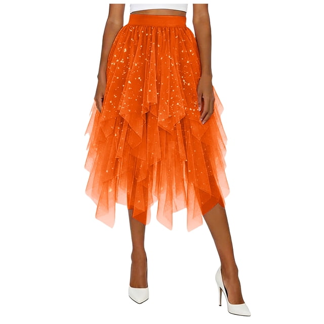 DAFEI Women Short Skirt Loose Sequin Skirt A-Line Fairy Patterned Elastic Waist Ruffle Layered Midi Skirt