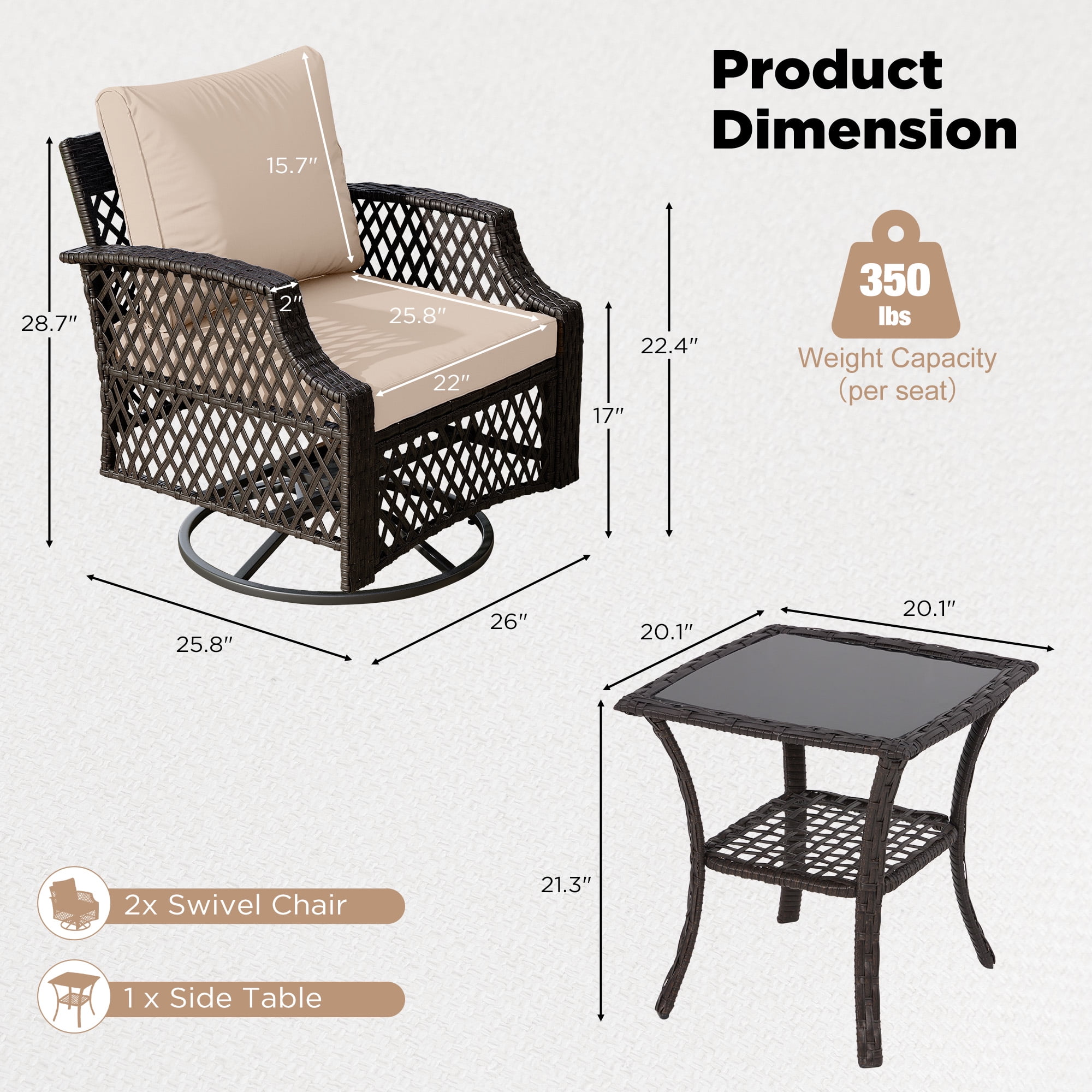 Vicluke 3 Piece Outdoor Swivel Chair Set, Wicker Patio Bistro Set with Thickened 25D Cushions and Glass Coffee Table, Patio Furniture Conversation Set for Deck, Yard, Garden, Poolside(Khaki)