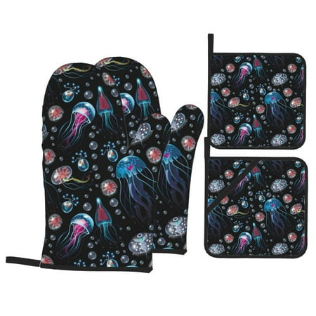

Oven Mitts and Pot Holders 4 Piece Dreamy Jellyfish High Heat Slip Resistant Oven Mitt and Trivets Set Kitchen Oven Glove Pot Holders for Cooking Baking Grilling