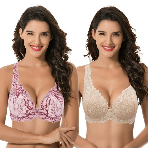 Curve Muse Women’s Plus Size Underwire Add 1 Cup Push Up Mesh Lace Bra-2PK-Pink,Sand-32B