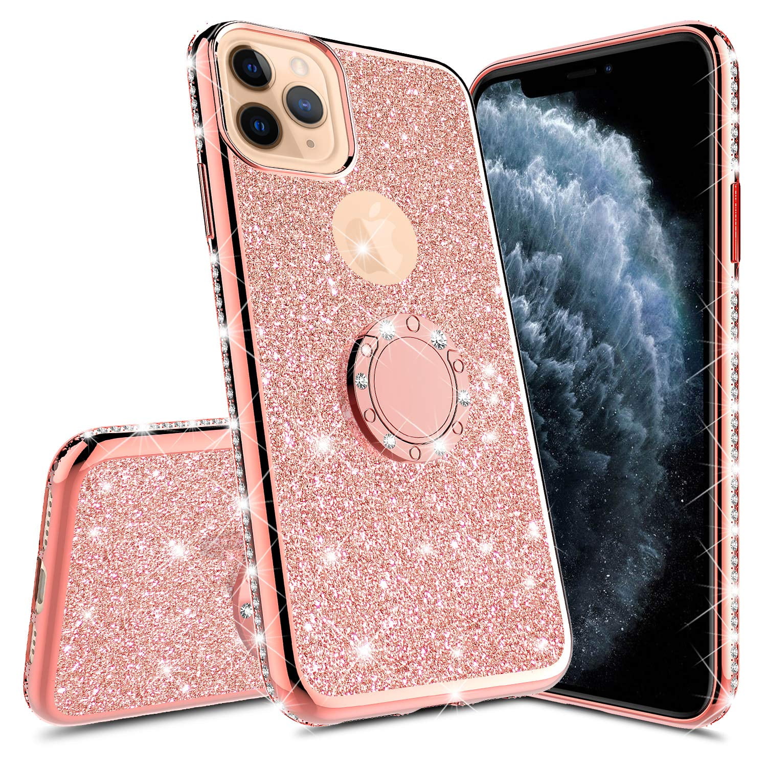 LXXZBC for iPhone 12 Pro Max 6.7 Case,Luxury Box Design Bling Glitter Cute  Gold Square Corner Soft TPU Trunk Cover with Finger Ring Grip Kickstand