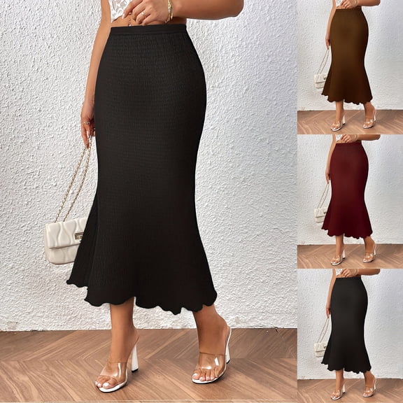 Hpapadks Womens Skirt Rib Knit Ruched Elastic Waist Ruffle Hem Fishtail Midi Skirt Black L