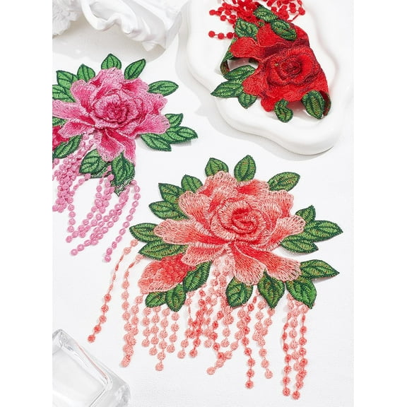3Pcs 3 Colors Large Peony Embroidery Appliques Cloth Patches Tassel Lace Flower Sew on Patch for Clothing Curtains Sofa Blankets Embellishments