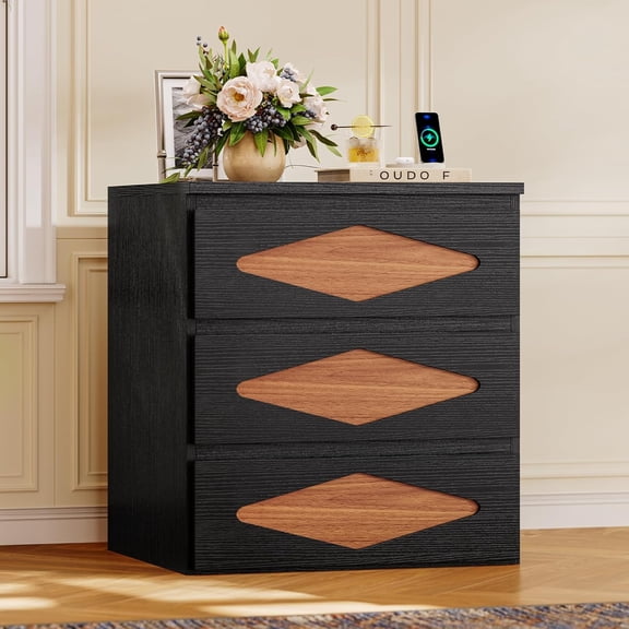 Morden Nightstand with Quick Assembly 3 Drawers,Charging Station,24" Tall Side Table,End Table for Bedroom,Black Brown