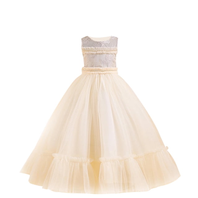 RXIRUCGD 2025 Vêtements d'Été pour Enfants Robe de Princesse Sans Manches Col Rond Couleur Unie Brodée Exquise Perles Robe de Soirée Robe de Banquet