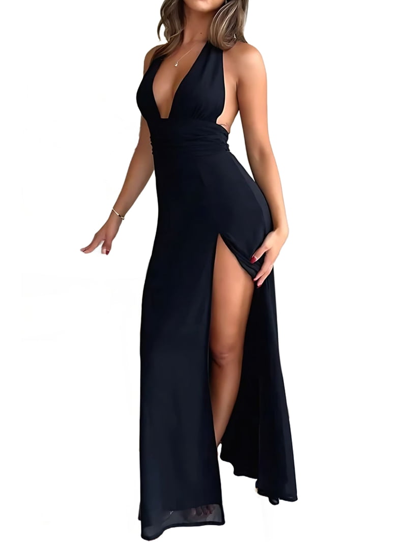 Womens Halter Deep V Neck Maxi Dress Sleeveless Backless Split Long Dress Black XL