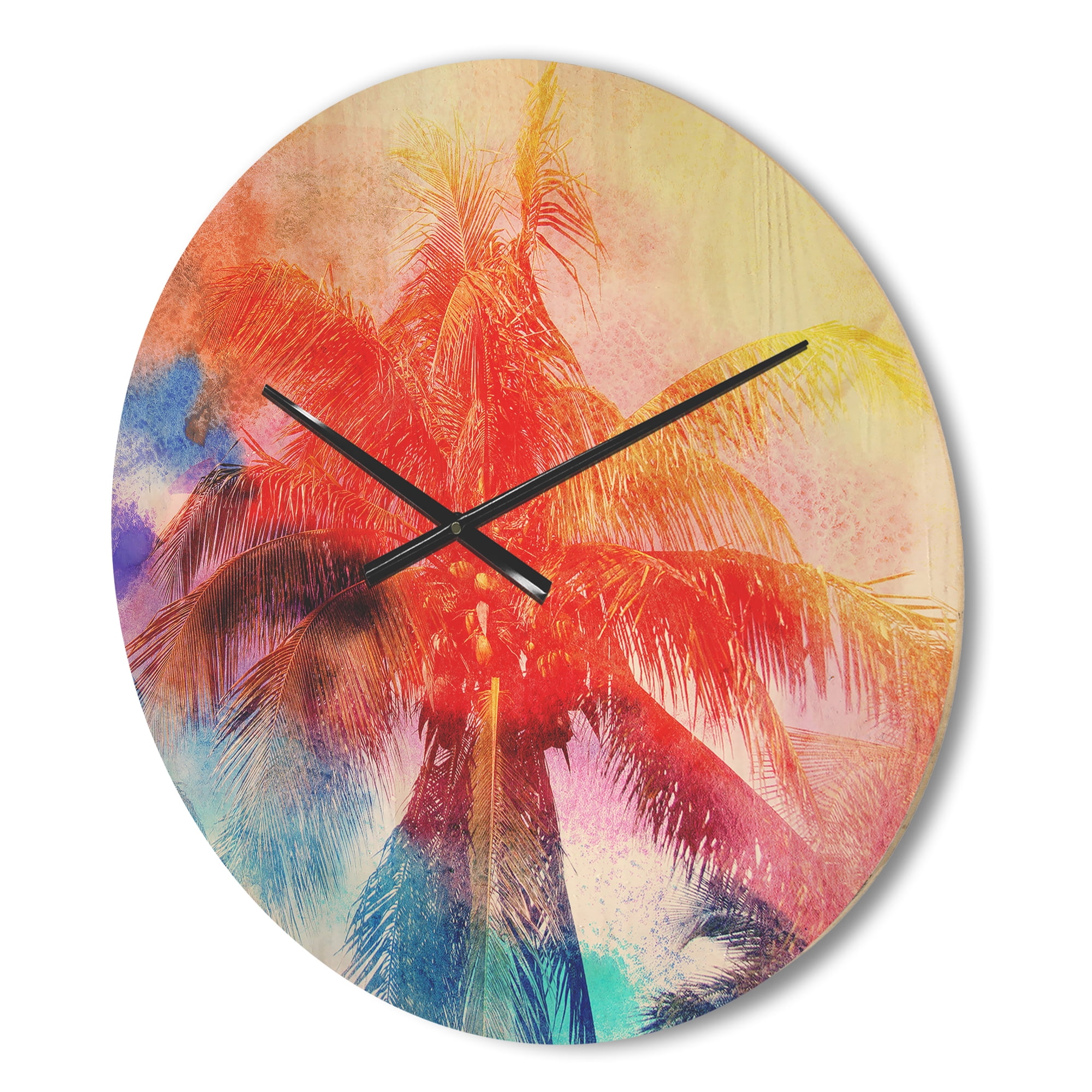 Designart 'Red Watercolor Retro Palms' Modern Wood Wall Clock