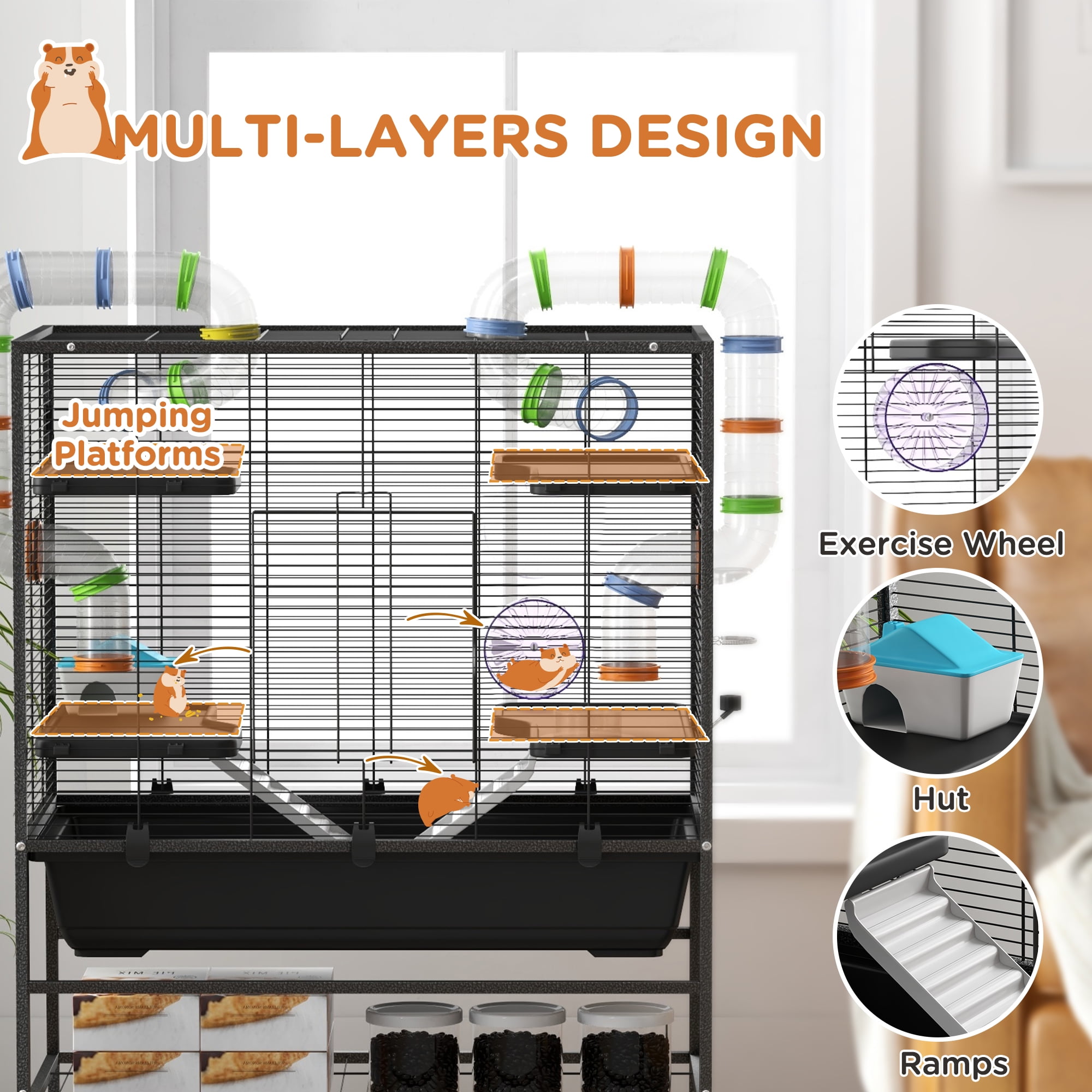 PawHut Large Hamster Cage Rat Cage on Wheels w/ Storage Shelf, Tubes