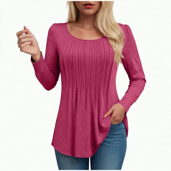 larppty Long Sleeve Shirts for Women Fall Tops Dressy Casual Blouses Pleated Scooped Neck Tunic Tops (Hot Pink, XXL)