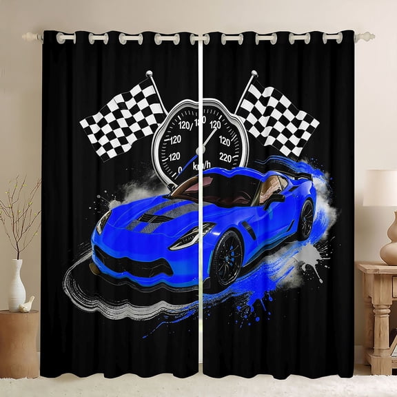 Castle Fairy Retro Racing Car Black Out Curtains for Boys, Checkered Flag Design Curtains Pack of 2 (42x63 Each) for Bedroom, Blue Black