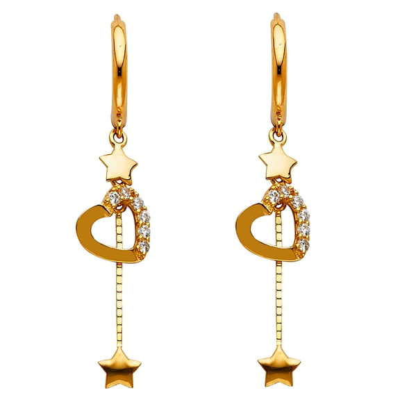14k Yellow Gold Elongated Hanging Star Cutout Heart Promise Love Earrings Jewelry Female Unisex
