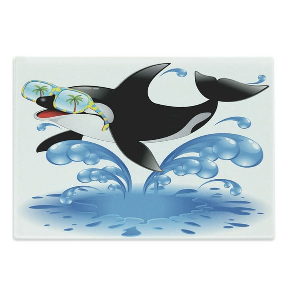 Funny Cutting Board, Summer Holiday Ocean Jumping Killer Whale with Sunglasses Cartoon Animal Love, Decorative Tempered Glass Cutting and Serving Board, Large Size, Black Blue, by Ambesonne
