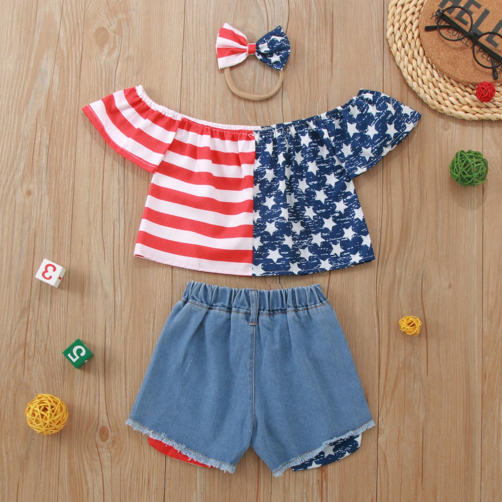 Utlike Girls Outfit Denim Shorts Sets Summer Independence Day Short Sleeve Top Shorts Headbands 3Pcs 4Th Of July Outfits Clothing Set Size 12 Months-18 Months