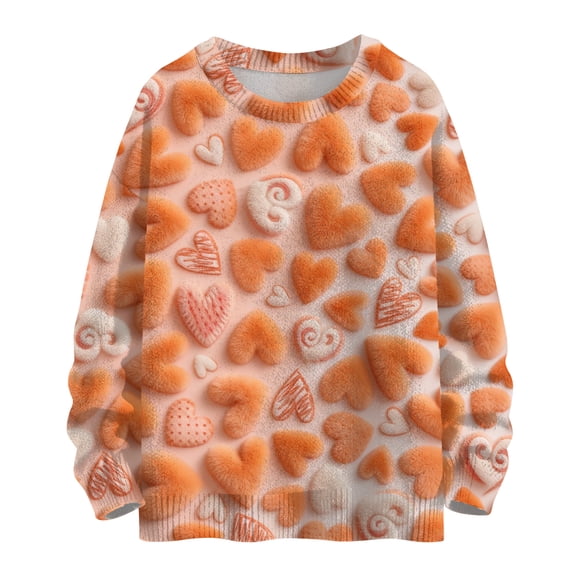 Dwralegc Valentines Sweater for Women Heart Print Cute Sweaters Knitted Long Sleeve Lightweight Valentine Plus Size Pullover Sweatershirt Orange 2XL
