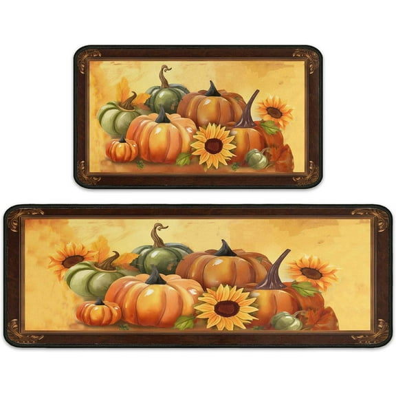 Fall Kitchen Rugs, Fall Decor Pumpkin Floor Mats Set of 2- Non-Slip, Fall Decorations for Home Washable Farmhouse Autumn Holiday Party Runner Rug for Home Seasonal Harvest Thanksgiving Decor