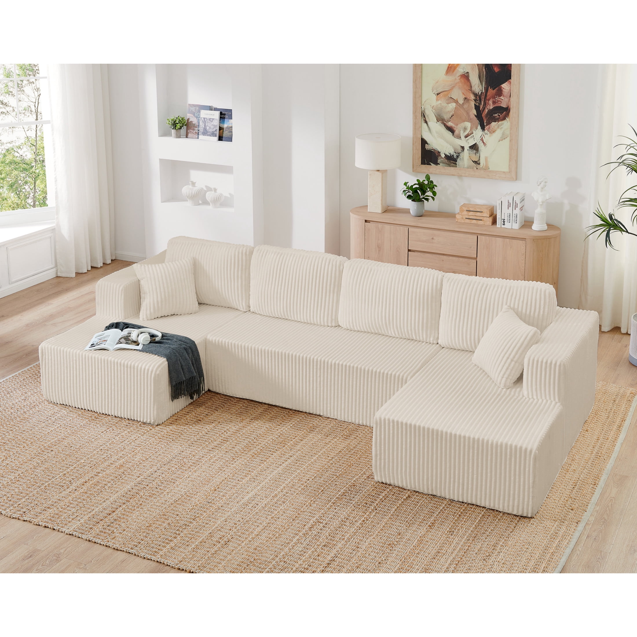 Noble House Isaiah 132" Modern U-Shape Modular Sectional Sofa, Minimalist Corduroy Compressed Sleeper Couch, Beige