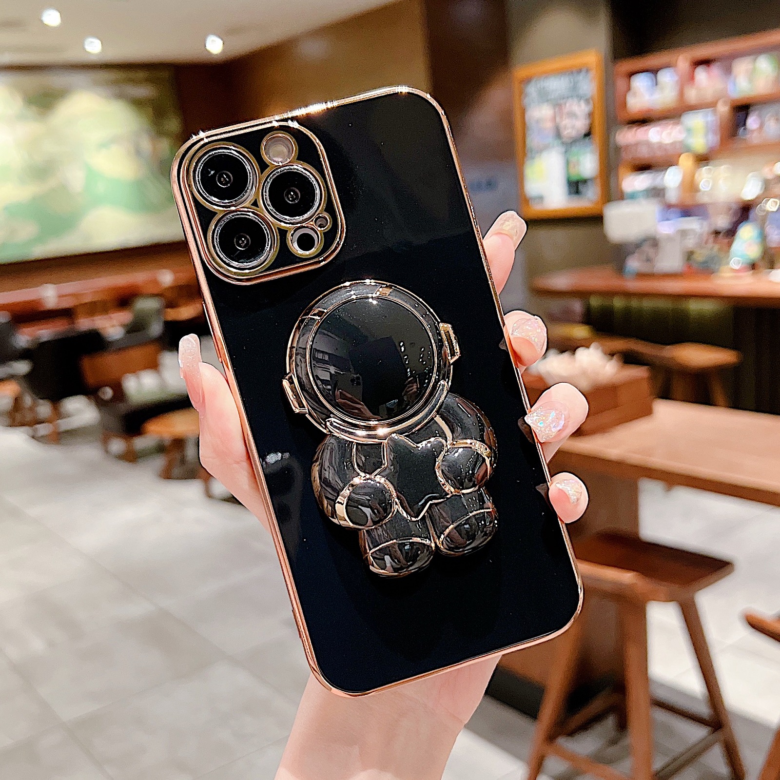 KLion Astronaut Kickstand Case for iPhone 14 Pro 6.1 Inch, Luxury Plating Frame Soft TPU Four