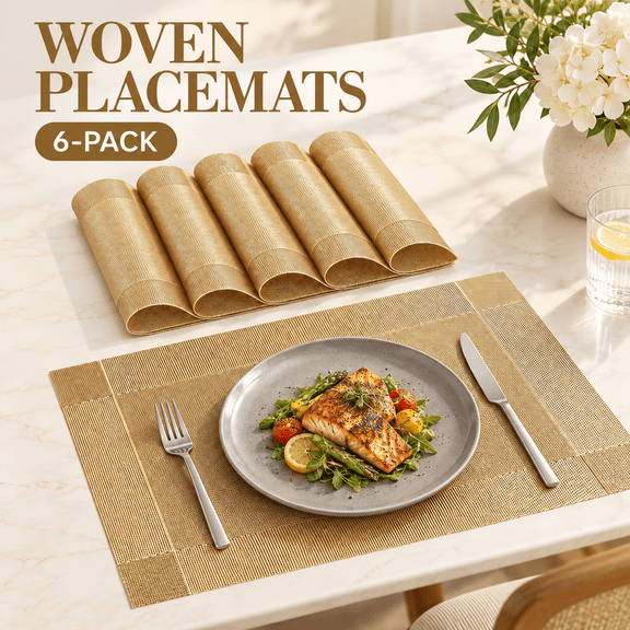 OZERA Set of 6 Gold Woven Vinyl PVC Placemats, Heat‑Resistant Anti‑Skid Stain‑Resistant Washable Table Mats for Kitchen & Dining Table