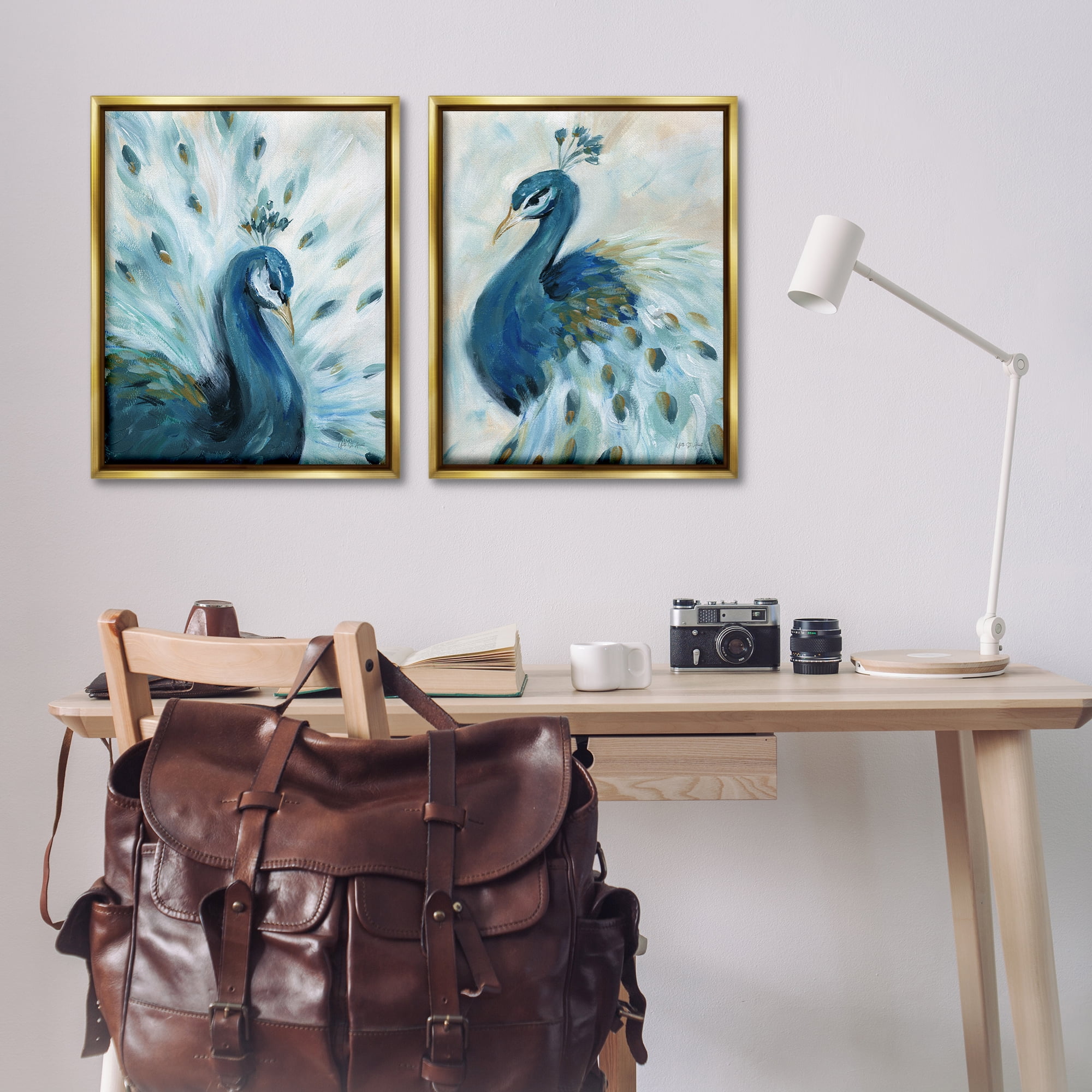 Stupell Industries Gentle Pretty Peacocks Animals Painting Gold Floater Framed Canvas Art Print Wall Art, 31 x 25, Set of 2
